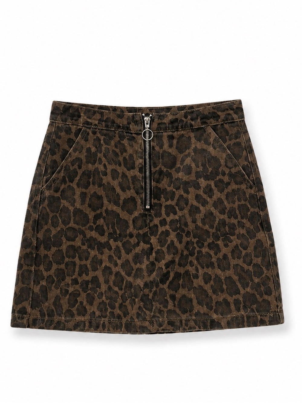 Y2K Leopard Print Denim Mini Skirt Ring-Pull Front Zip